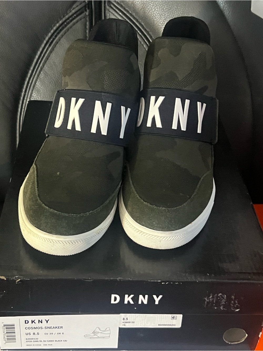 DKNY Olive Green Camouflage Slip-On Sneakers with Logo Insole